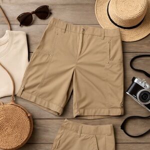 Chico’s 1P Petite Bermuda Shorts Khaki Tan Utility Style Mid-Rise